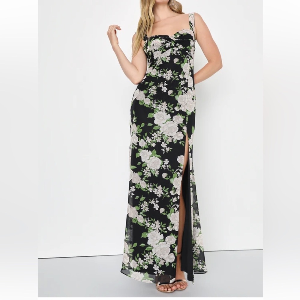 LULU’s Unforgettable Charm Black Floral Off-the-Shoulder Maxi Dress